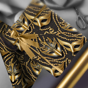 Papier Cadeau Mascarade perles Motifs Masques Black Gold ID1031