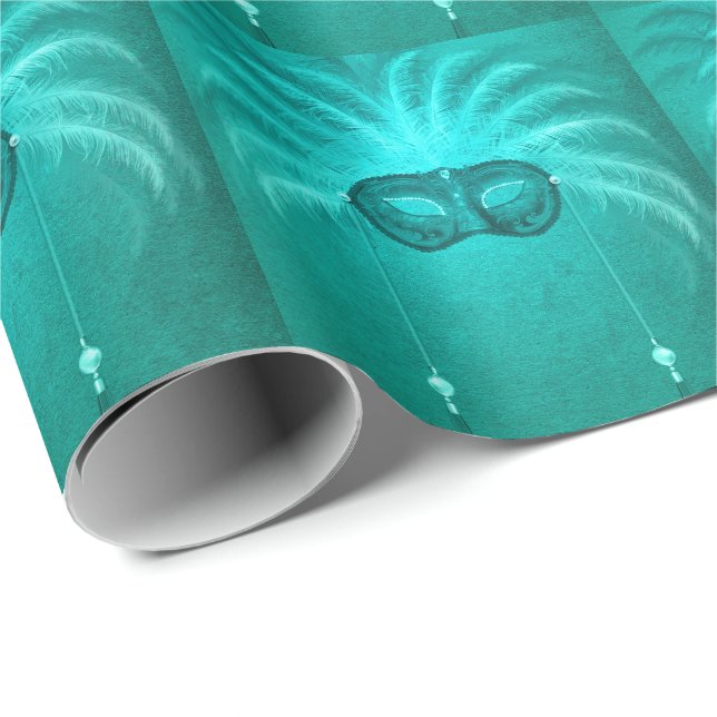 Papier Cadeau Masque mascarisé en plumes élégant turquoise vinta (Coin rond)