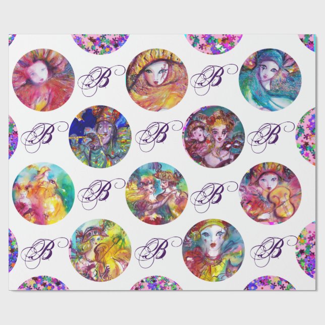 PAPIER CADEAU MASQUÉRADE VÉNÉTIENNE MARDI GRAS MASQUES MONOGRAS (Plat)
