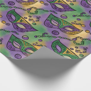 Papier Cadeau Masques et perles de Mardi Gras violet vert jaune