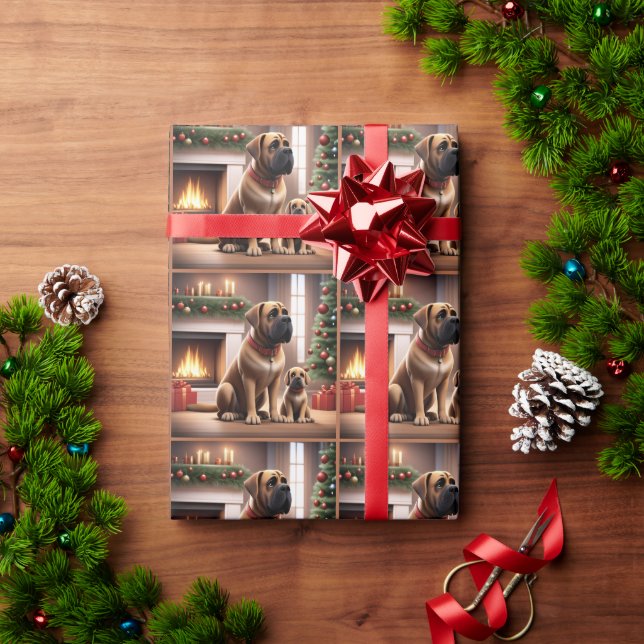 Papier Cadeau Mastiff Dogue de Noël Cheminée (Cadeau de vacances)