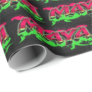 Papier Cadeau Maya Prénom Graffiti red green