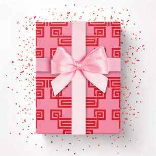 Papier Cadeau Méandre de clé grecque en étages en rose et rouge