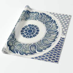 Papier Cadeau Médaillon Chinois : Chinoiserie Bleu Indigo