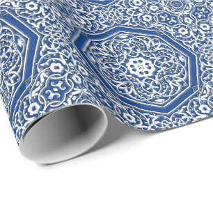 Papier Cadeau Médaillon en Motif de tuiles persanes - Bleu et bl