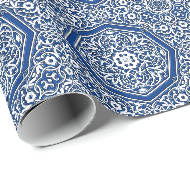 Papier Cadeau Médaillon en Motif de tuiles persanes - Bleu et bl (Coin rond)