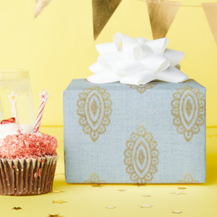 Papier Cadeau Médaillon Ikat Glittery - Sky Blue & Gold