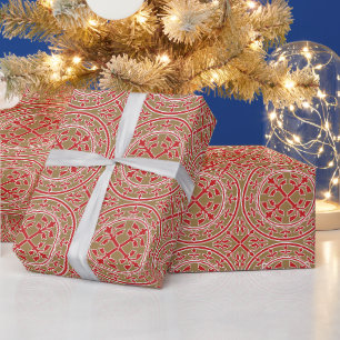 Papier Cadeau Médiévale Rouge Blanc Beige Wreath Feuille Roman