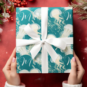 Papier Cadeau Méduse En Bleu Océan Été Saison Monogramme