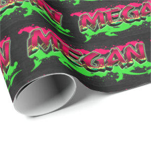 Papier Cadeau Megan prénom nom graffiti rouge vert