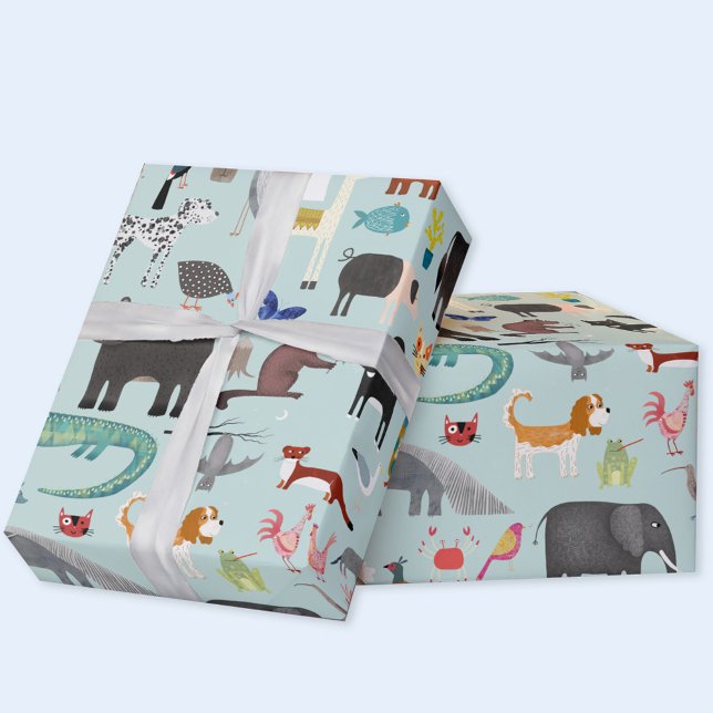 Papier Cadeau Ménagerie animale (Fun animal menagerie gift wrapping paper with wild, safari, zoo, pet and farm animals)