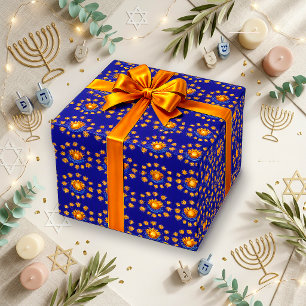 Papier Cadeau Menorah Abstrait Or Bleu Lumineux