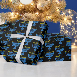 Papier Cadeau Menorah botanique de Hanouka aquarelle bleue