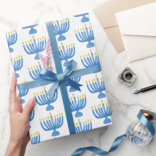 Papier Cadeau Menorah botanique de Hanukkah aquarelle bleue