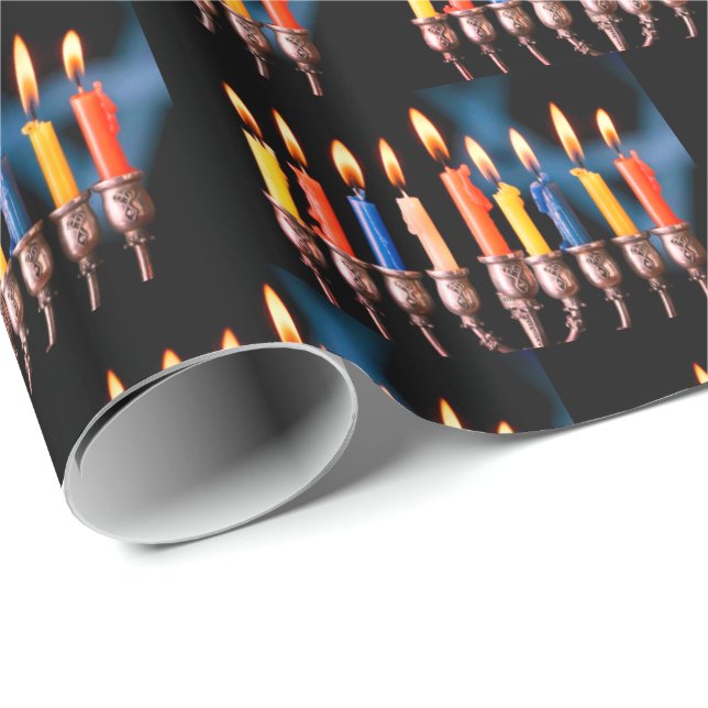 Papier Cadeau Menorah de Hanukkah colorée (Coin rond)