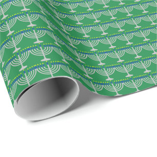 Papier Cadeau Menorah en argent de Hanoucca sur fond vert