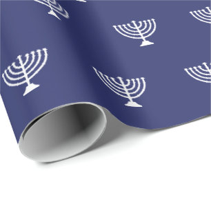 Papier Cadeau Ménorah juive bleu marine blanc motif Hanoukka