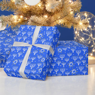Papier Cadeau Menorah Star de David Hanoukka Motif cadeau bleu