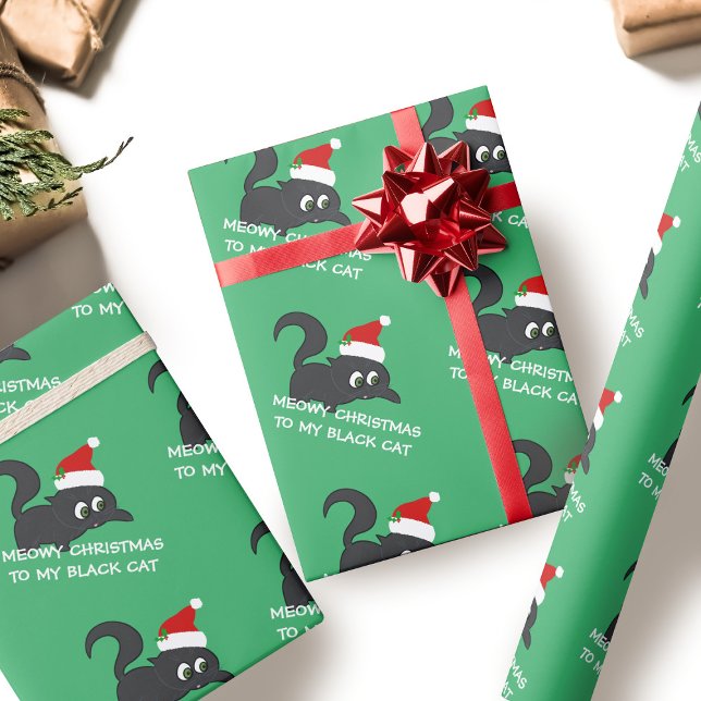 Papier Cadeau Meowy Noël mignon Noir Kitty Chat Vert (Créateur téléchargé)