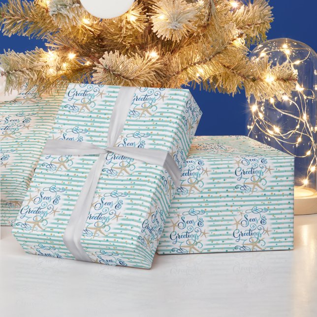 Papier Cadeau Mer et salutations tropicales, Turquoises rayures  (Vacances)