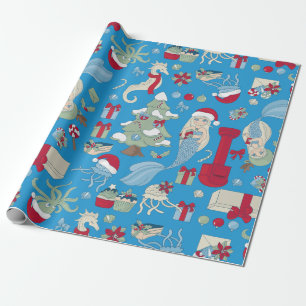 Papier Cadeau mer noël sirène hippocampe père Noël méduse