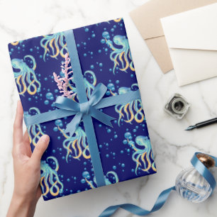 Papier Cadeau Mer profonde Cube Octopus Bleu Bulle Marine