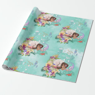 Papier Cadeau Mermaid Cheveux foncés Hippocampe Etoile Poisson C