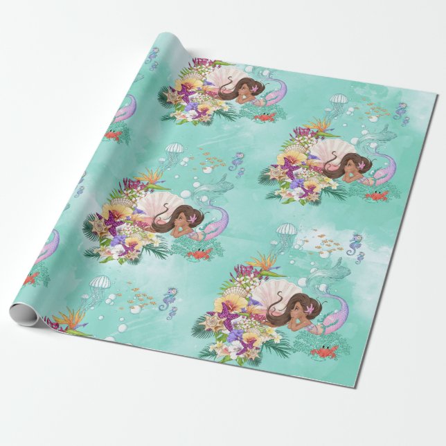Papier Cadeau Mermaid Cheveux foncés Hippocampe Etoile Poisson C (Déroulé)