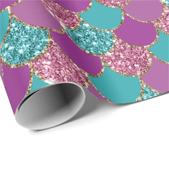 Papier Cadeau Mermaid Scales Parties scintillant Violet Fuchsia  (Coin rond)