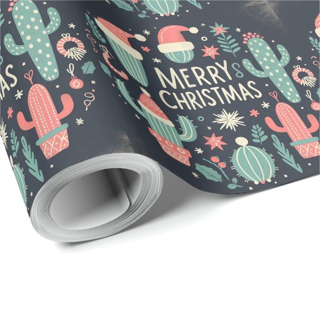 Papier Cadeau Merry Christmas Santa potted cactus  (Coin rond)