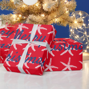 Papier Cadeau Merry Christmas Starfish Rouge Blanc Bleu Nautique