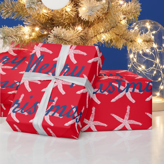 Papier Cadeau Merry Christmas Starfish Rouge Blanc Bleu Nautique (Vacances)
