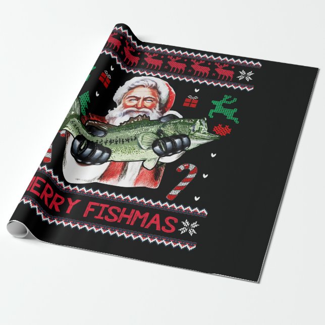 Papier Cadeau Merry Fishmas Père Noël Pêche laide Sweat de Noël (Déroulé)