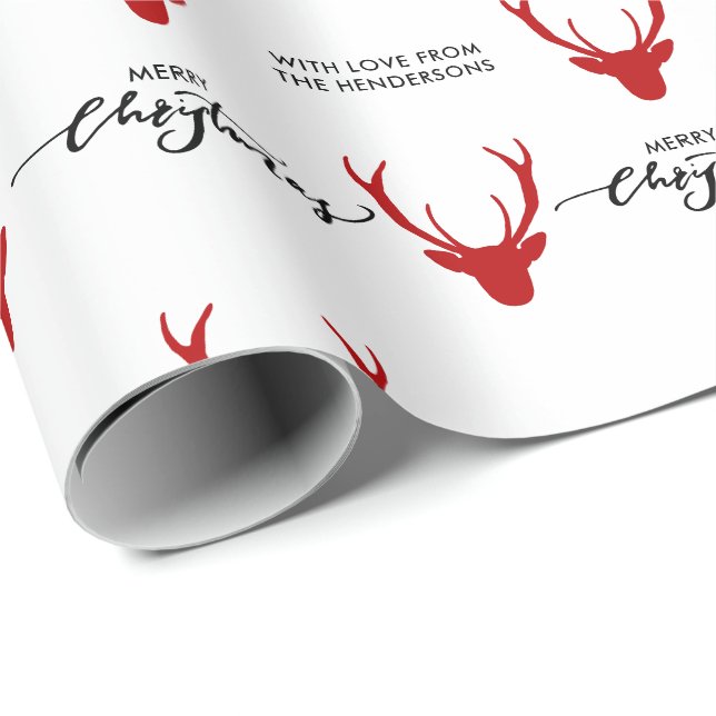 Papier Cadeau Message personnel Red Reindeer Joyeux Noël (Coin rond)