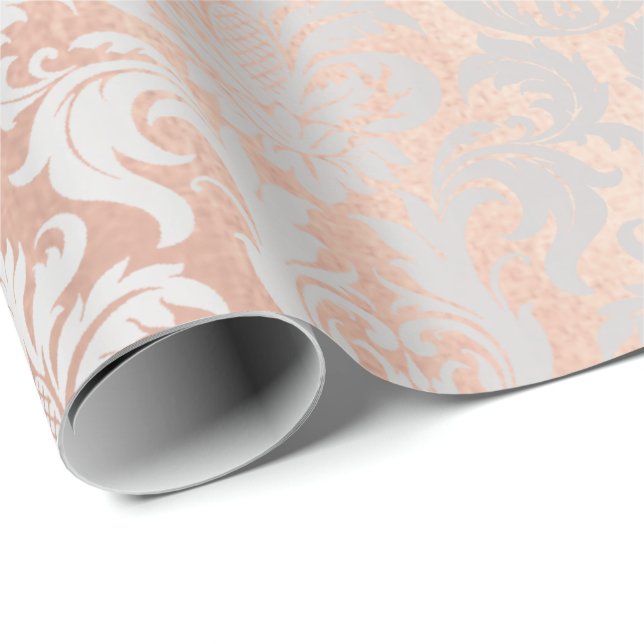 Papier Cadeau Métallurgique rose Or Blush Gris Argent Damask (Coin rond)