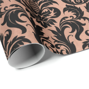 Papier Cadeau Métallurgique Rose or cuivre gris noir Damas