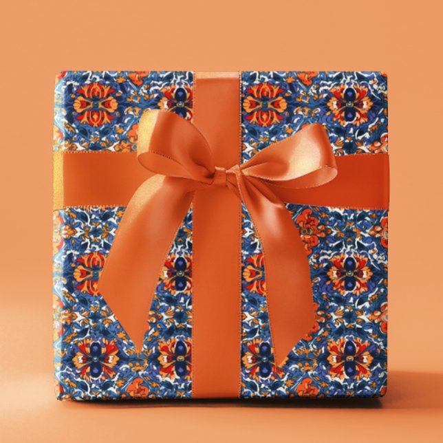 Papier Cadeau Mexique Talavera Carrelage Poterie Orange Bleu (Créateur téléchargé)