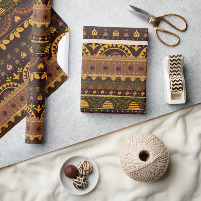 Papier Cadeau Mexique Tribal Brown Gold Green (Artisanat)
