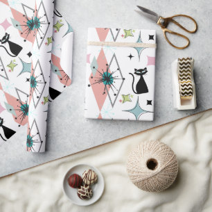 Papier Cadeau Mi-siècle Moderne Étoiles et Chats Motif Blanc