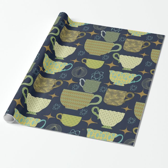 Papier Cadeau Mi-siècle Moderne Marine Blue Teacup (Déroulé)