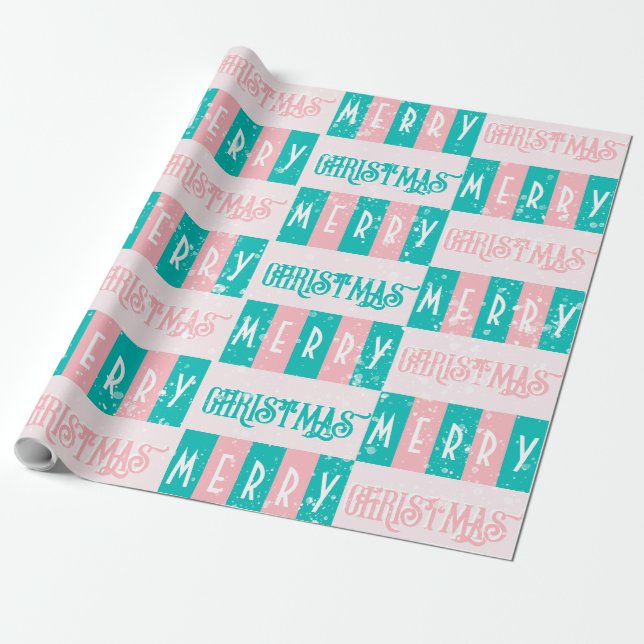 Papier Cadeau Mi-siècle Moderne Rétro Joyeux Noël rose bleu (Déroulé)