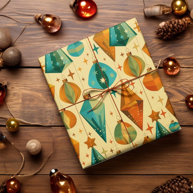 Papier Cadeau Mi-siècle moderne rétro Noël ornement atomique (Mid century modern retro christmas wrapping paper in vintage gold, copper, and teal)