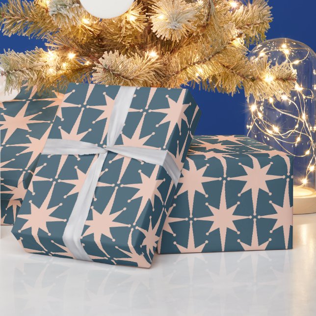 Papier Cadeau Mi-siècle Moderne Retro Stars Acier Bleu Motif (Vacances)