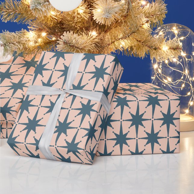 Papier Cadeau Mi-siècle moderne Star Motif en acier bleu bleu (Vacances)