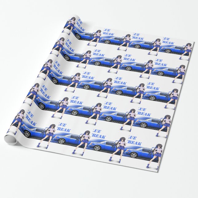 Papier Cadeau Miata bleu - avec la fille d'anime (Déroulé)