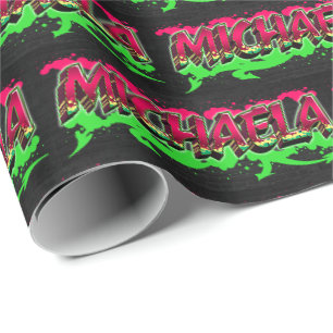 Papier Cadeau Michaela prénom nom Graffiti rouge vert