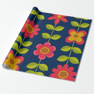 Papier Cadeau Mid Century Fleurs rouges modernes avec feuilles