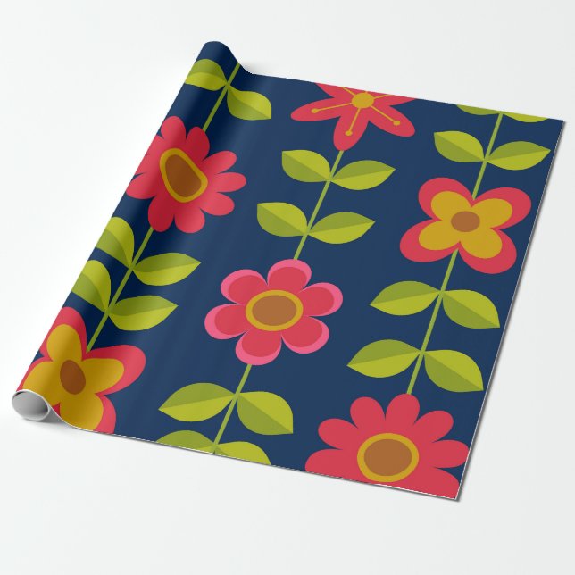 Papier Cadeau Mid Century Fleurs rouges modernes avec feuilles (Déroulé)