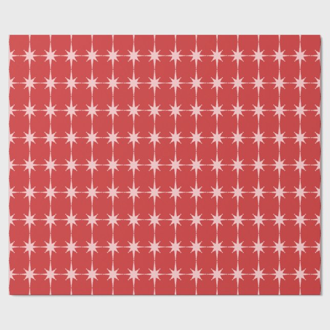 Papier Cadeau Mid Century moderne Noël rose et rouge étoiles (Couture)