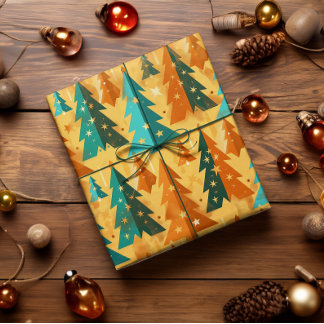 Papier Cadeau Mid Century Moderne Rétro Arbres de Noël Cuivre